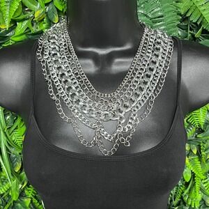 Silver Multi Strand Layered Statement  Necklace Chunky Chain Bib Edgy 3801